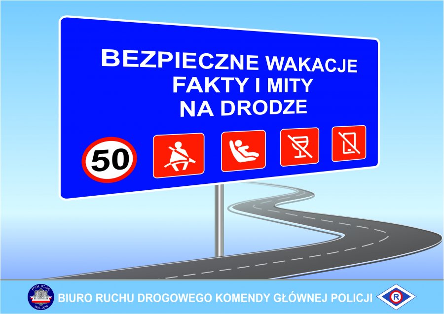 Zdjęcie kolorowe: baner na niebieskim tel biały napis" Bezpieczne wakacje. Fakty i mity drogowe"
