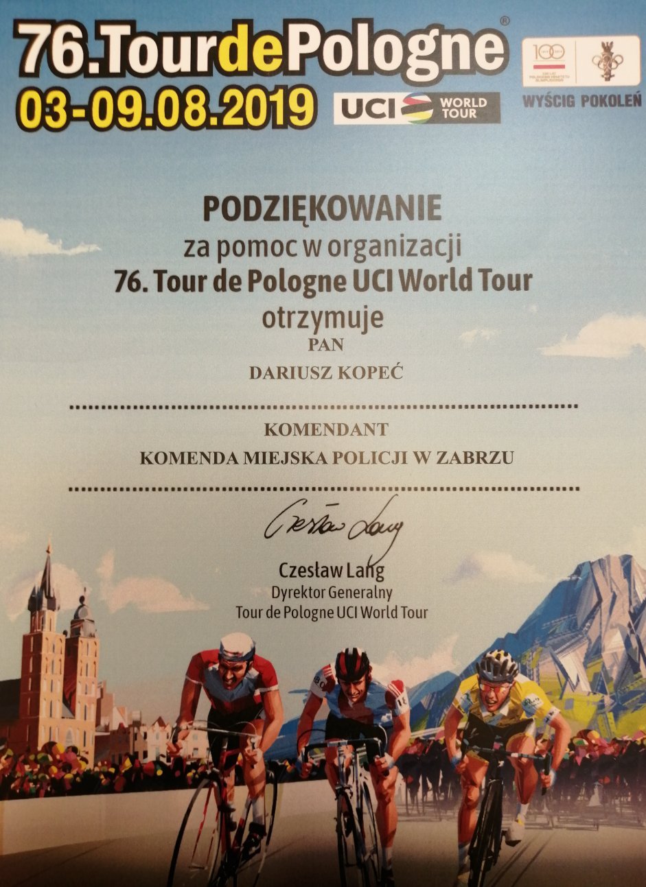 podziękowania za pomoc i wsparcie podczas organizacji 76. Tour de Pologne
