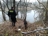 Policyjny przewodnik psa służbowego z psem służbowym wyszkolonym na wyszukiwanie zapachów zwłok ludzkich.