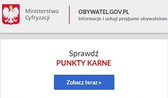 Skan strony internetowej obywatel.gov.pl dotyczący możliwości sprawdzenia punktów karnych