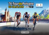 Zdjęcie kolorowe: plakat 76. Tour de Pologne przedstawiający 3 ścigających się kolarzy