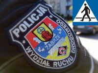Naszywka Wydziały Ruchu Drogowego Komendy Miejskiej Policji w Zabrzu i znak przejścia dla pieszych